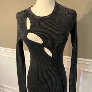 Rib-Knit Cut-Out Midi Grey, Long Sleeve Dress, Shrug, Body Hugging, XS